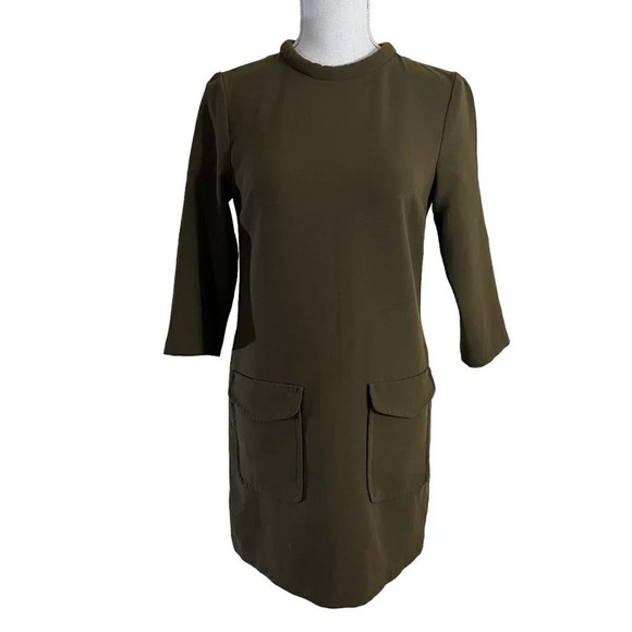 TopShop Olive Green Knee Length Dress Size 2 Pockets Open Keyhole Back Straight - Picture 1 of 9